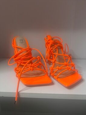 Neon Orange Lace-Up Strappy High Heels
